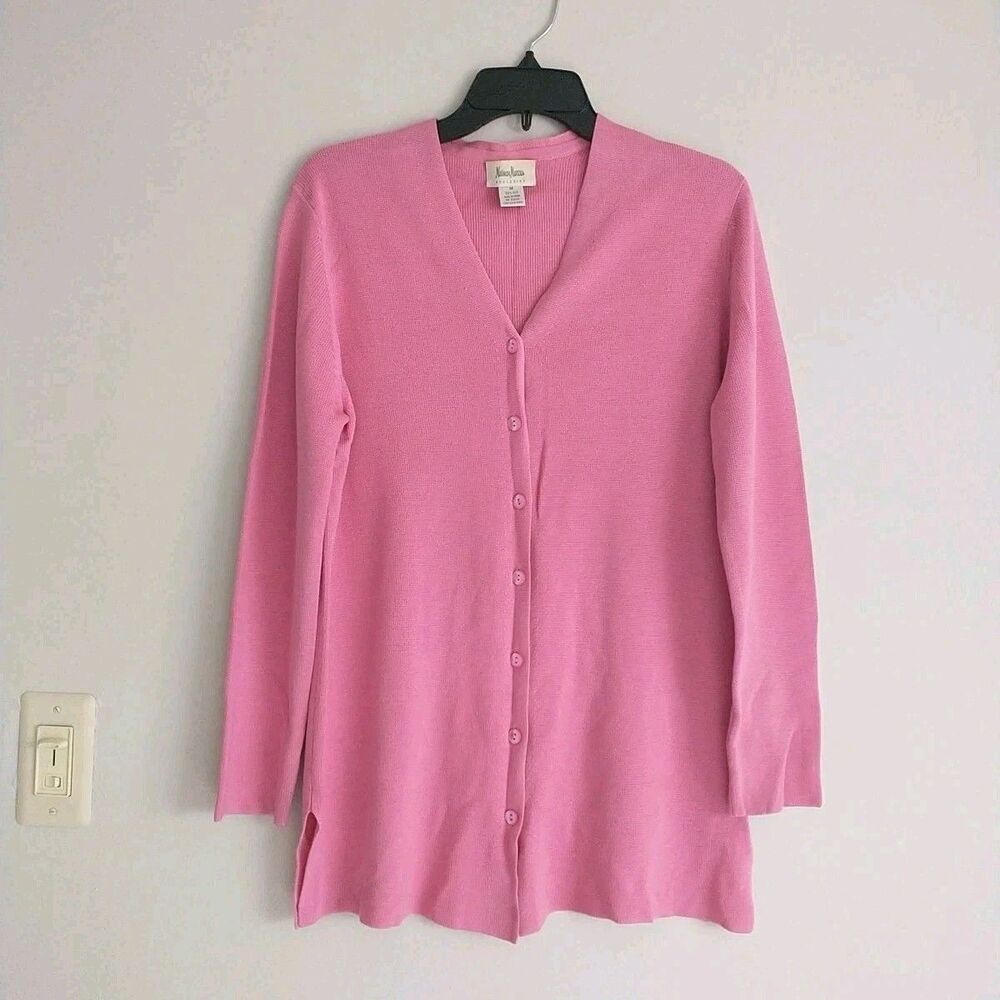Nieman Marcus Exclusive Cardigan Sweater Tunic Womens M Pink Silk Knit Buttons